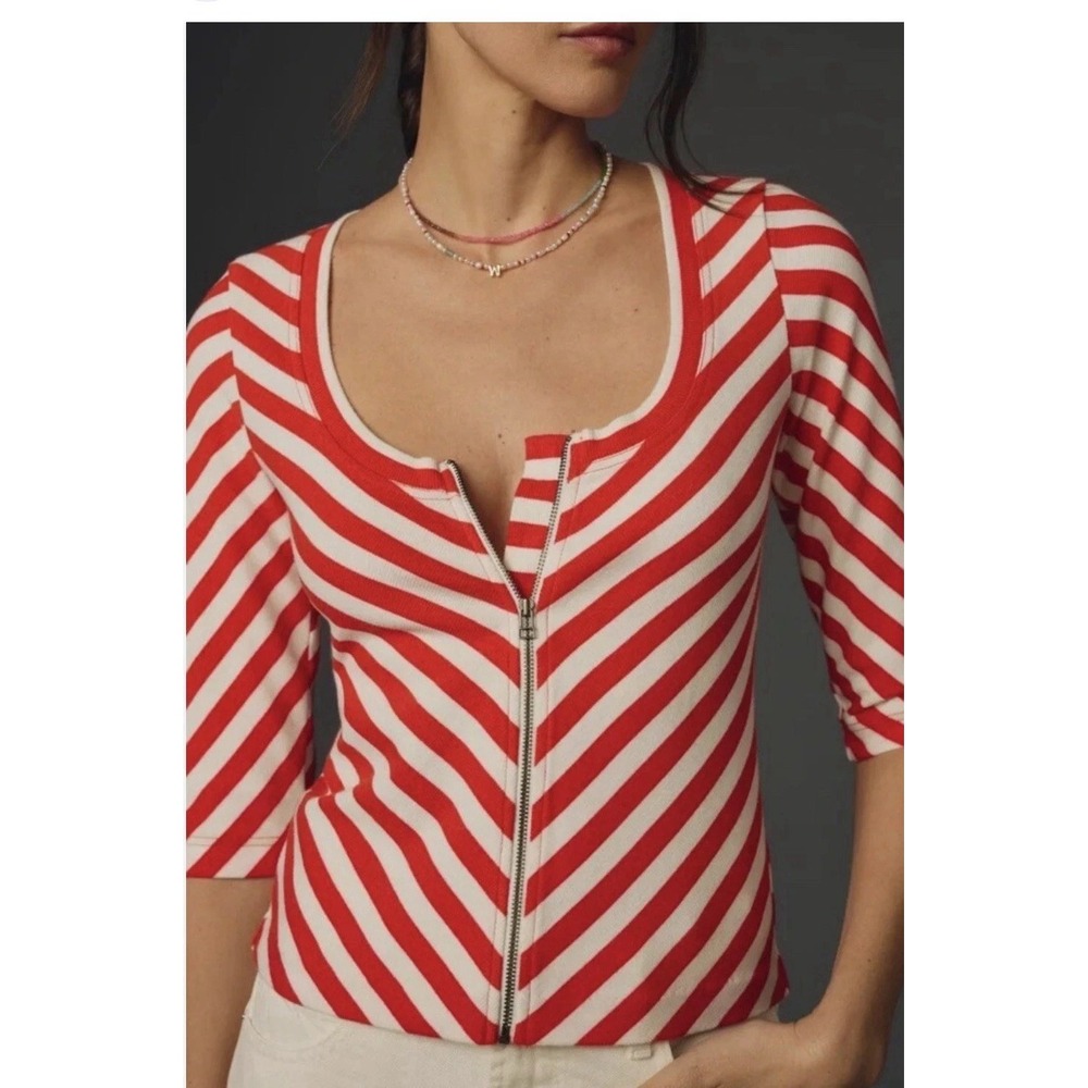 NEW Anthropologie Maeve Scoop Neck Zip Front Striped Blouse XS